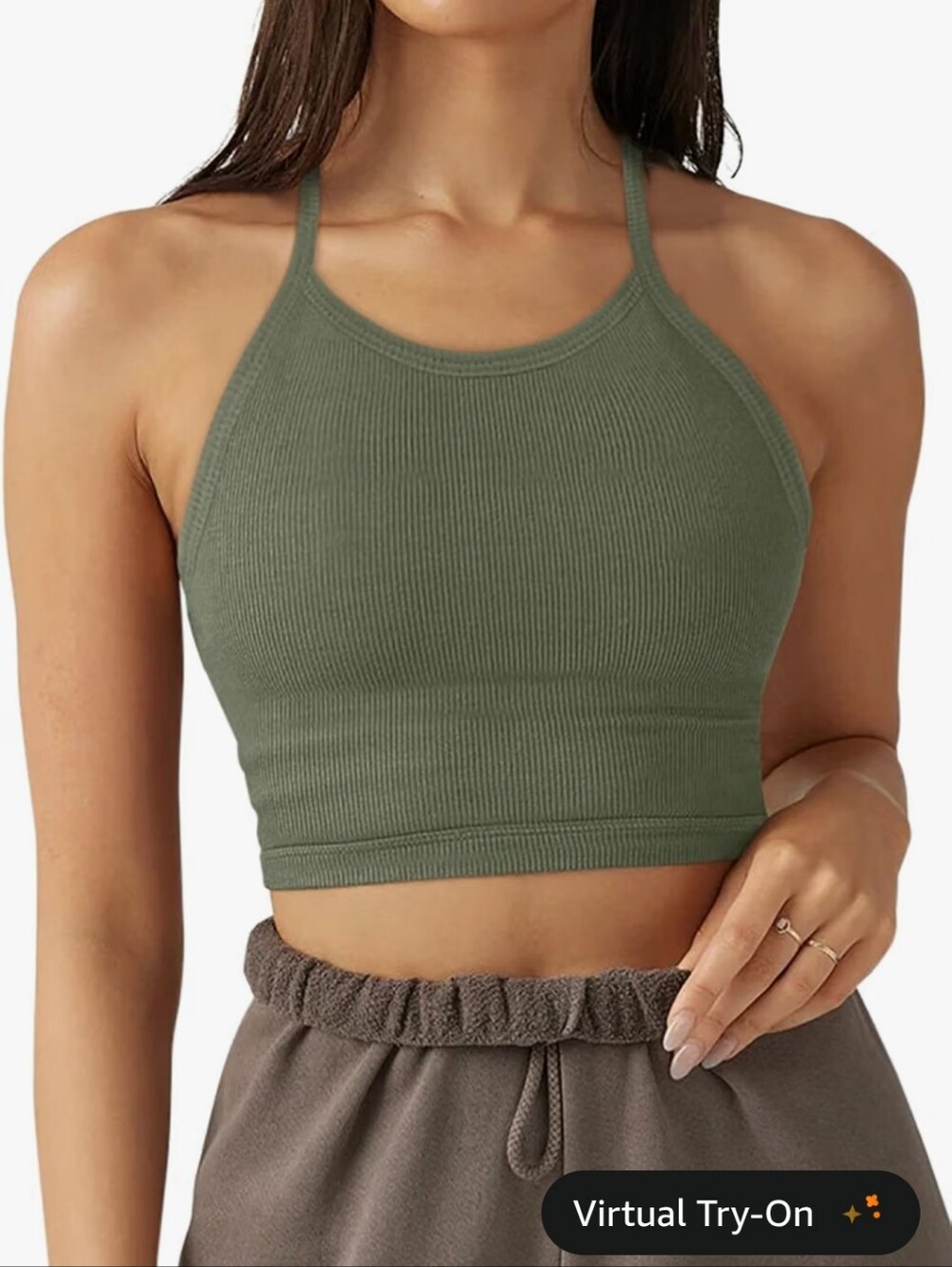 LASLULU Women's Seamless Ribbed Longline Olive Green Crop Tank Top Sz Large